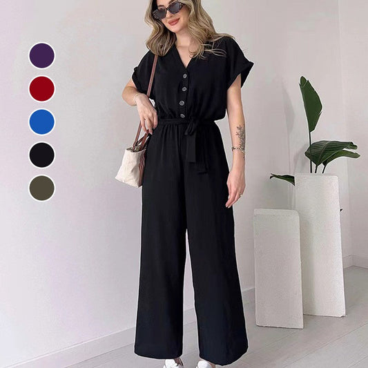 51% Rabatte Lässiger Jumpsuit mit V-Ausschnitt und kurzen Ärmeln für Damen