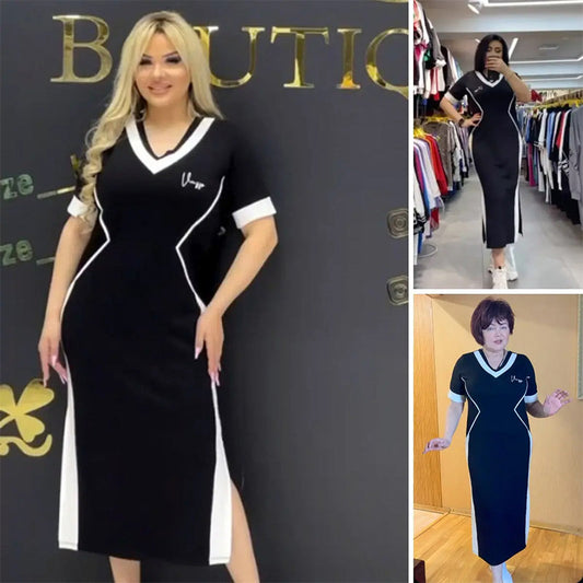 💥Verkauf🔥 Trendy gestreiftes Slim Fit-Kleid mit V-Ausschnitt für Damen