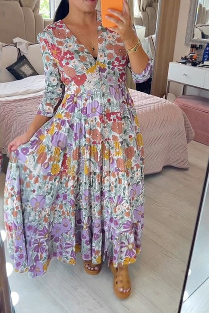 💃 Lässiges langes Kleid mit Blumendruck und V-Ausschnitt