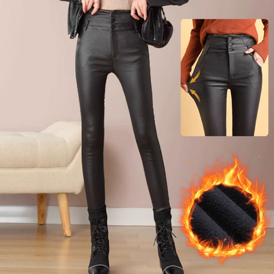 Nettes Geschenk! Gesteppte Leggings mit 3 Knöpfen aus mattem Leder für Damen